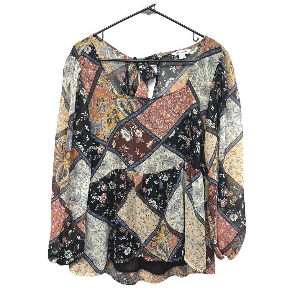 Boho Patchwork Blouse‎ Large Sheer Floral American Eagle Festival Romantic Top